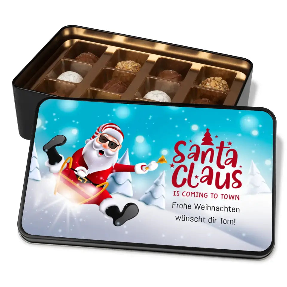 Geschenkdose mit Pralinen personalisiert mit Wunschtext „Santa Claus is coming to Town“