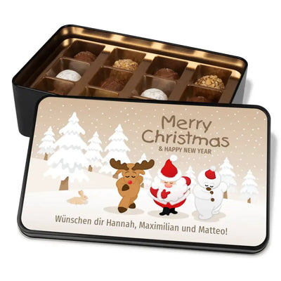 Geschenkdose mit Pralinen personalisiert mit Wunschtext „Merry Christmas & Happy New Year - Winterlandschaft“