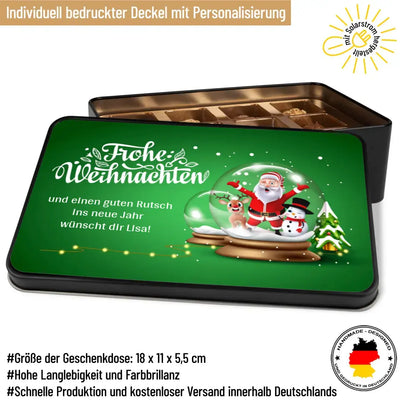 Geschenkdose mit Pralinen personalisiert mit Wunschtext „Frohe Weihnachten Schneekugel“