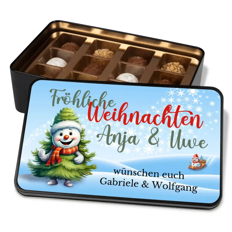 Geschenkdose mit Pralinen personalisiert mit Name und Wunschtext „Fröhliche Weihnachten Tannenbaum-Schneemann“