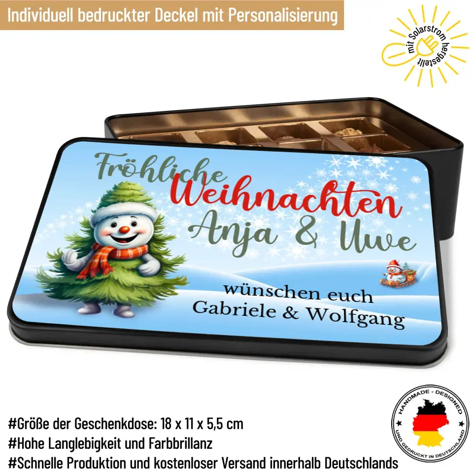 Geschenkdose mit Pralinen personalisiert mit Name und Wunschtext „Fröhliche Weihnachten Tannenbaum-Schneemann“