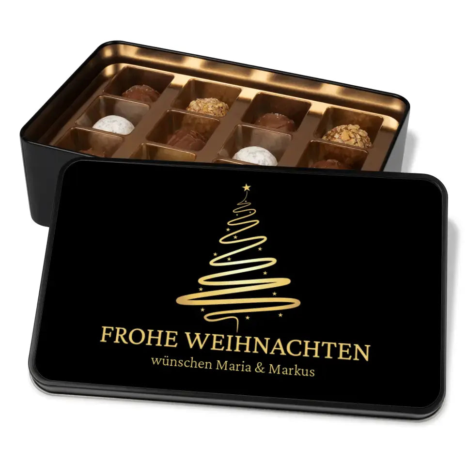 Geschenkdose mit Pralinen personalisiert mit Wunschtext „Frohe Weihnachten Weihnachtsbaum“