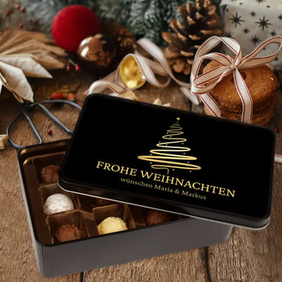 Geschenkdose mit Pralinen personalisiert mit Wunschtext „Frohe Weihnachten Weihnachtsbaum“