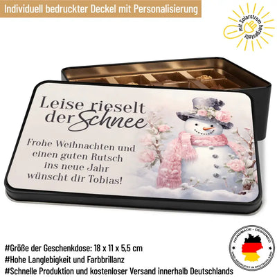 Geschenkdose mit Pralinen personalisiert mit Wunschtext „Leise rieselt der Schnee“