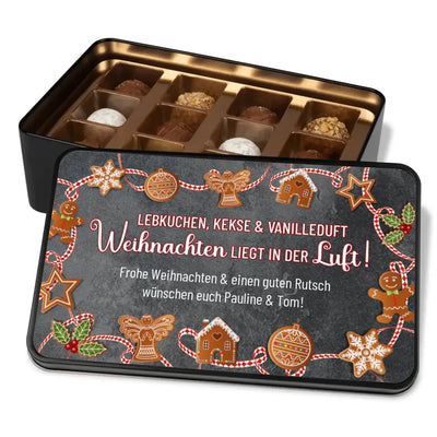 Geschenkdose mit Pralinen personalisiert mit Wunschtext „Lebkuchen, Kekse und Vanilleduft Weihnachten liegt in der Luft!“