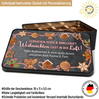 Geschenkdose mit Pralinen personalisiert mit Wunschtext „Lebkuchen, Kekse und Vanilleduft Weihnachten liegt in der Luft!“