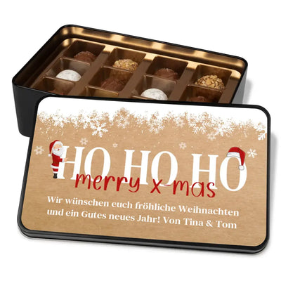 Geschenkdose mit Pralinen personalisiert mit Wunschtext „Ho Ho Ho Merry X-Mas“