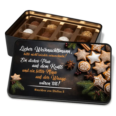 Geschenkdose mit Pralinen personalisiert mit Wunschtext „Lieber Weihnachtsmann, bitte nicht verwechseln“