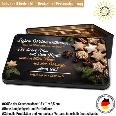 Geschenkdose mit Pralinen personalisiert mit Wunschtext „Lieber Weihnachtsmann, bitte nicht verwechseln“