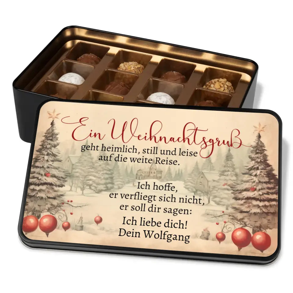 Geschenkdose mit Pralinen personalisiert mit Wunschtext „Weihnachtsgruß“