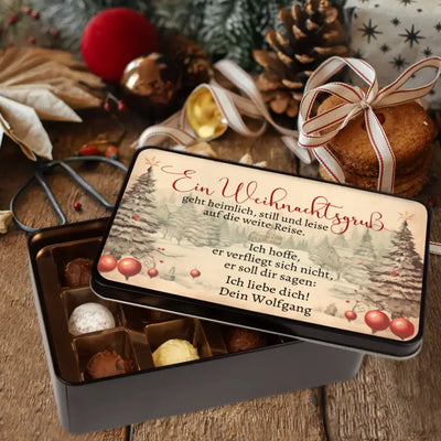 Geschenkdose mit Pralinen personalisiert mit Wunschtext „Weihnachtsgruß“