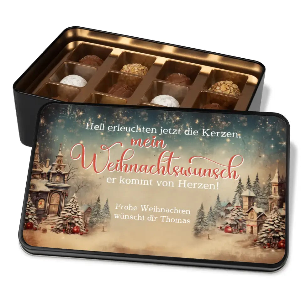 Geschenkdose mit Pralinen personalisiert mit Wunschtext „Hell erleuchten jetzt die Kerzen mein Weihnachtswunsch er kommt von Herzen“