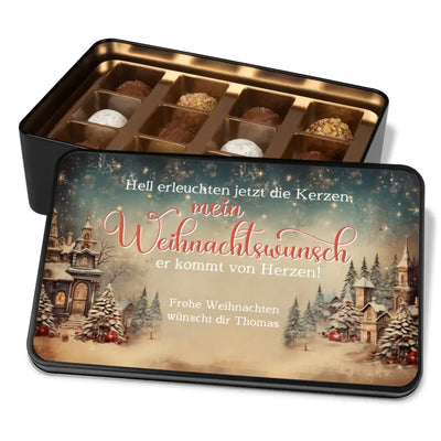 Geschenkdose mit Pralinen personalisiert mit Wunschtext „Hell erleuchten jetzt die Kerzen mein Weihnachtswunsch er kommt von Herzen“
