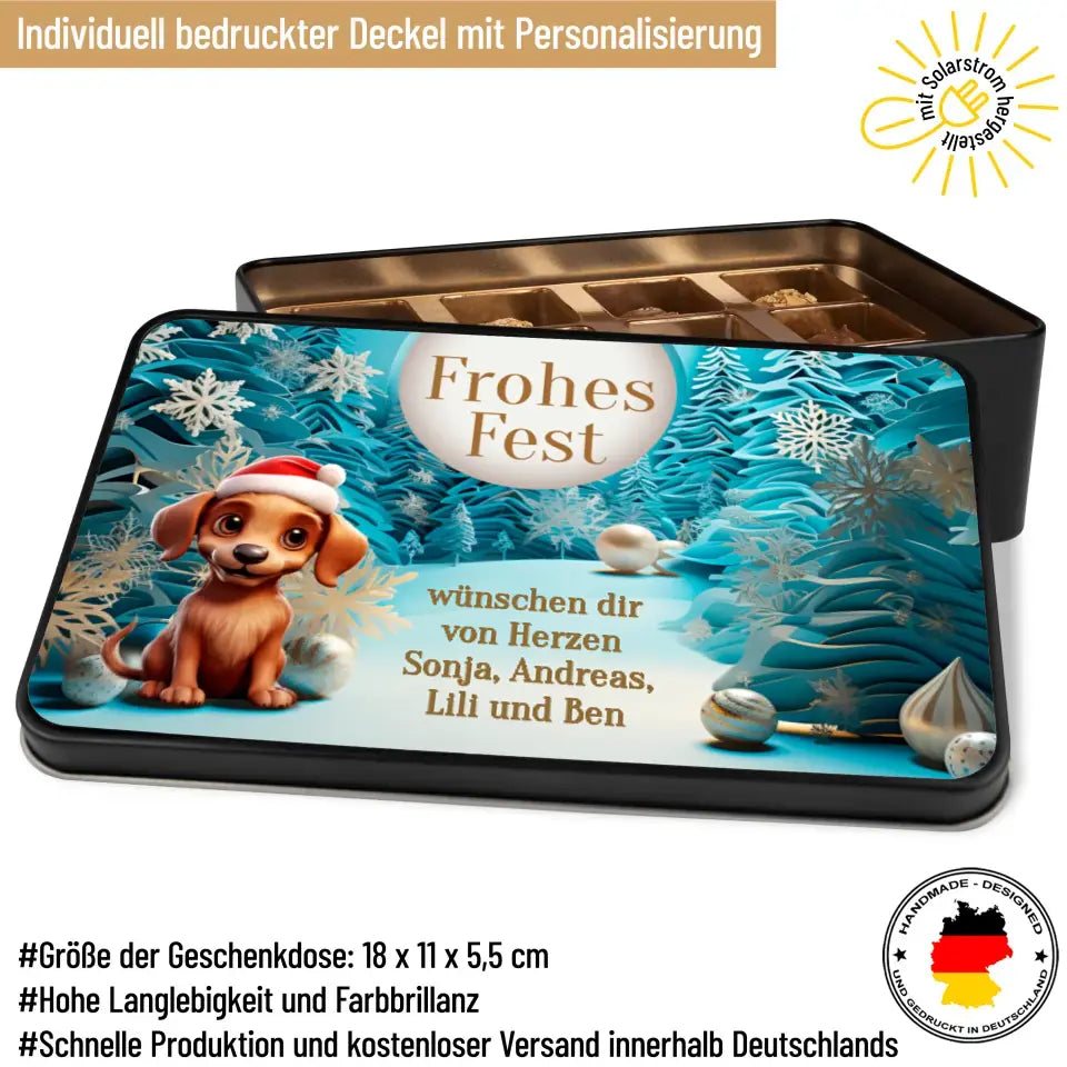 Geschenkdose mit Pralinen personalisiert mit Wunschtext „Frohes Fest 3D-Motiv“