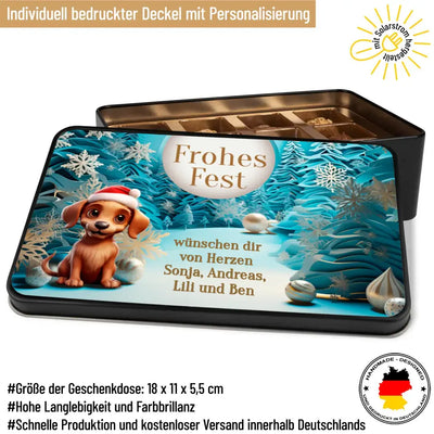 Geschenkdose mit Pralinen personalisiert mit Wunschtext „Frohes Fest 3D-Motiv“