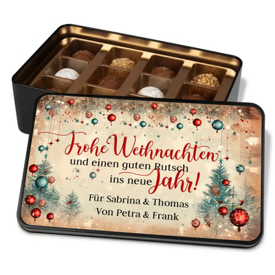 Geschenkdose mit Pralinen personalisiert mit Wunschtext „Frohe Weihnachten und ein guten Rutsch ins neue Jahr“