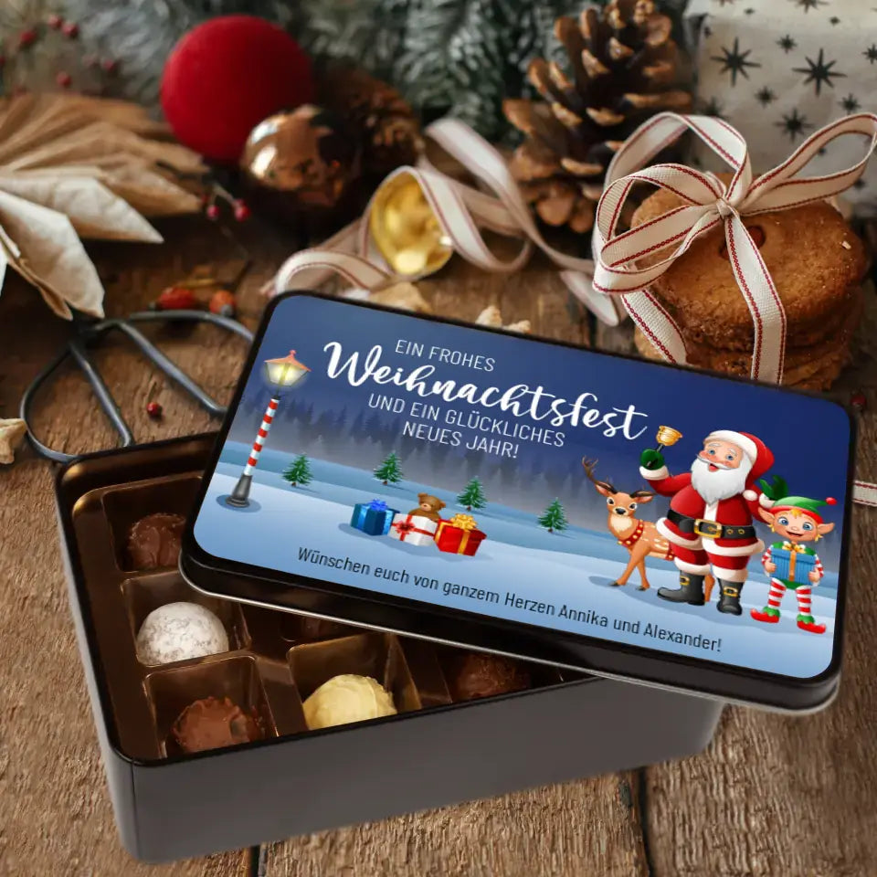 Geschenkdose mit Pralinen personalisiert mit Wunschtext „Frohes Weihnachtsfest und glückliches neues Jahr“