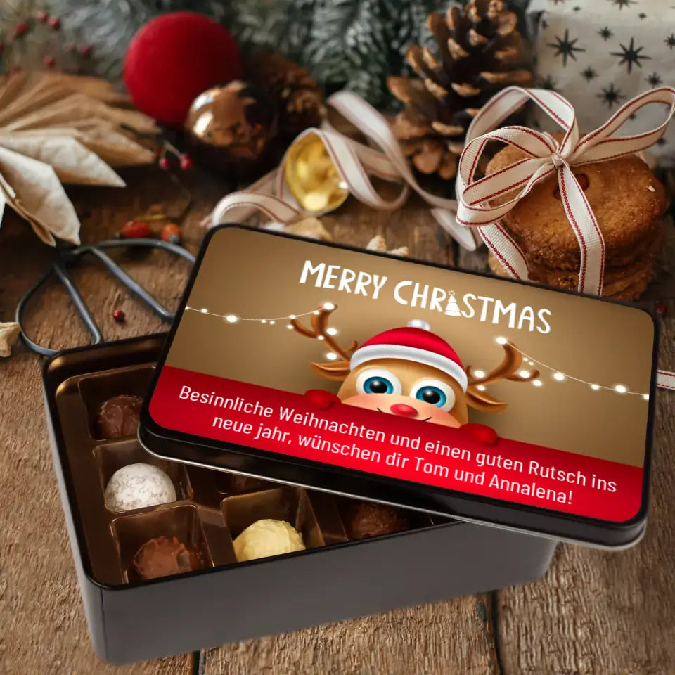 Geschenkdose mit Pralinen personalisiert mit Wunschtext „Merry Christmas Rentier-Motiv“