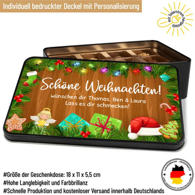 Geschenkdose mit Pralinen personalisiert mit Wunschtext „Schöne Weihnachten! Tannenzweige-Motiv“