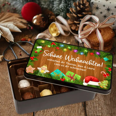 Geschenkdose mit Pralinen personalisiert mit Wunschtext „Schöne Weihnachten! Tannenzweige-Motiv“
