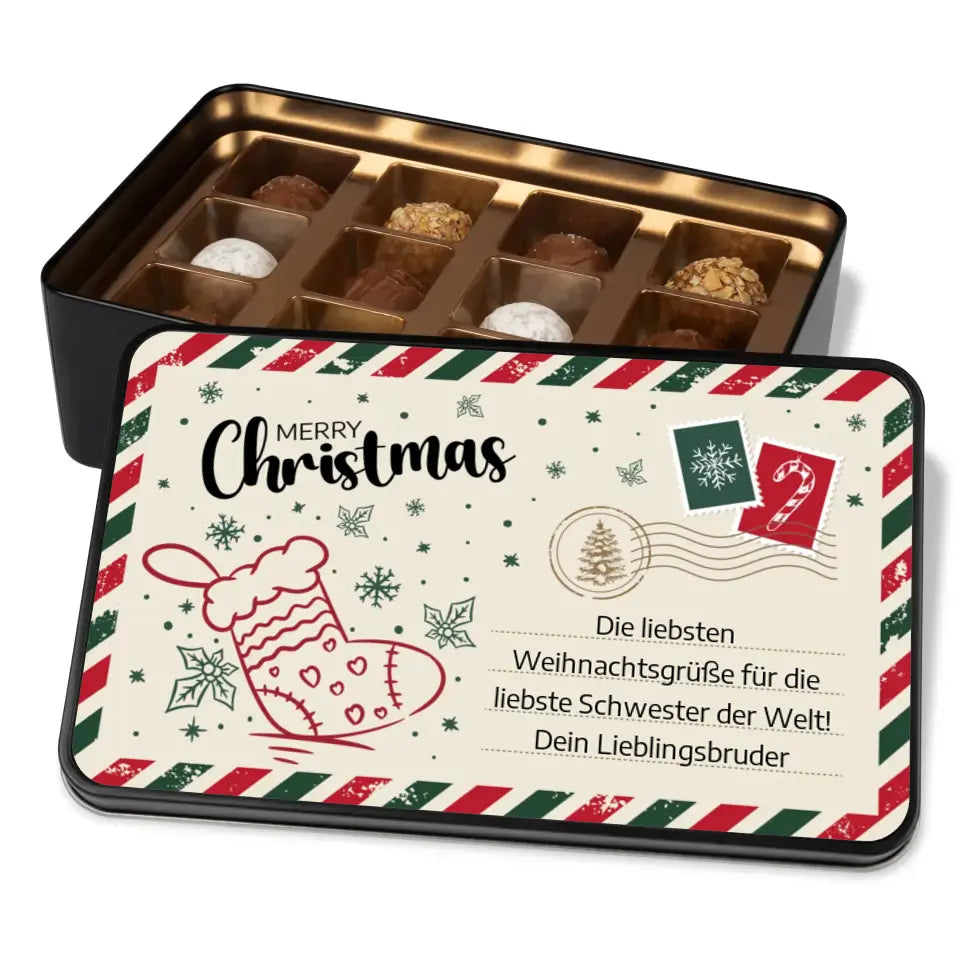 Geschenkdose mit Pralinen personalisiert mit Wunschtext „Merry Christmas Weihnachtspost“