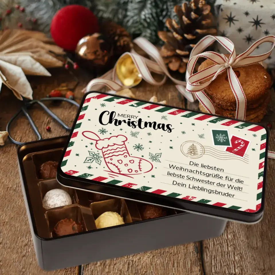 Geschenkdose mit Pralinen personalisiert mit Wunschtext „Merry Christmas Weihnachtspost“