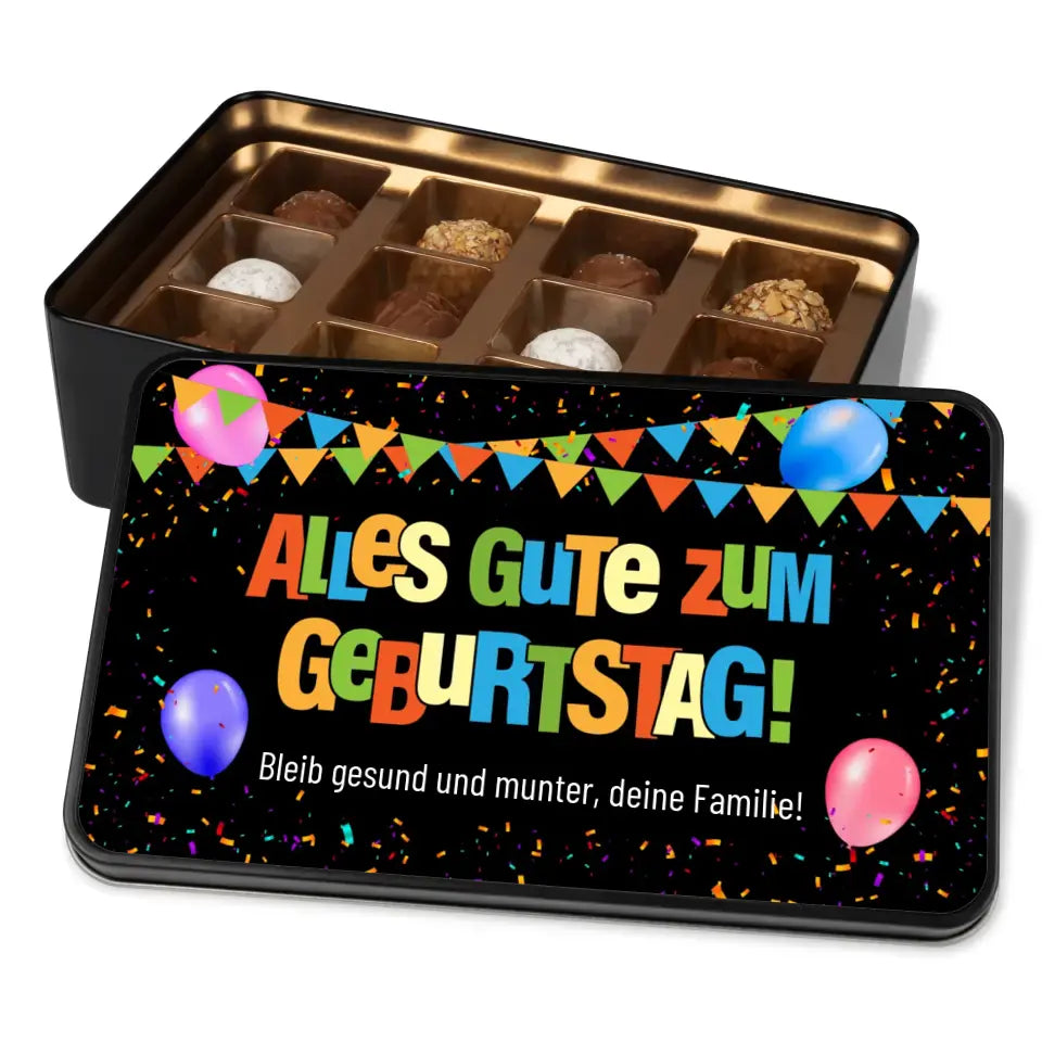 Geschenkdose mit Pralinen personalisiert mit Wunschtext „Alles Gute zum Geburtstag!“