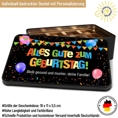 Geschenkdose mit Pralinen personalisiert mit Wunschtext „Alles Gute zum Geburtstag!“