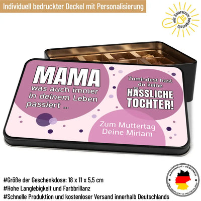 Geschenkdose mit Pralinen personalisiert mit Wunschtext „Mama/Papa, was auch immer in deinem Leben passiert ...“