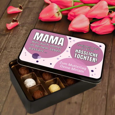Geschenkdose mit Pralinen personalisiert mit Wunschtext „Mama/Papa, was auch immer in deinem Leben passiert ...“