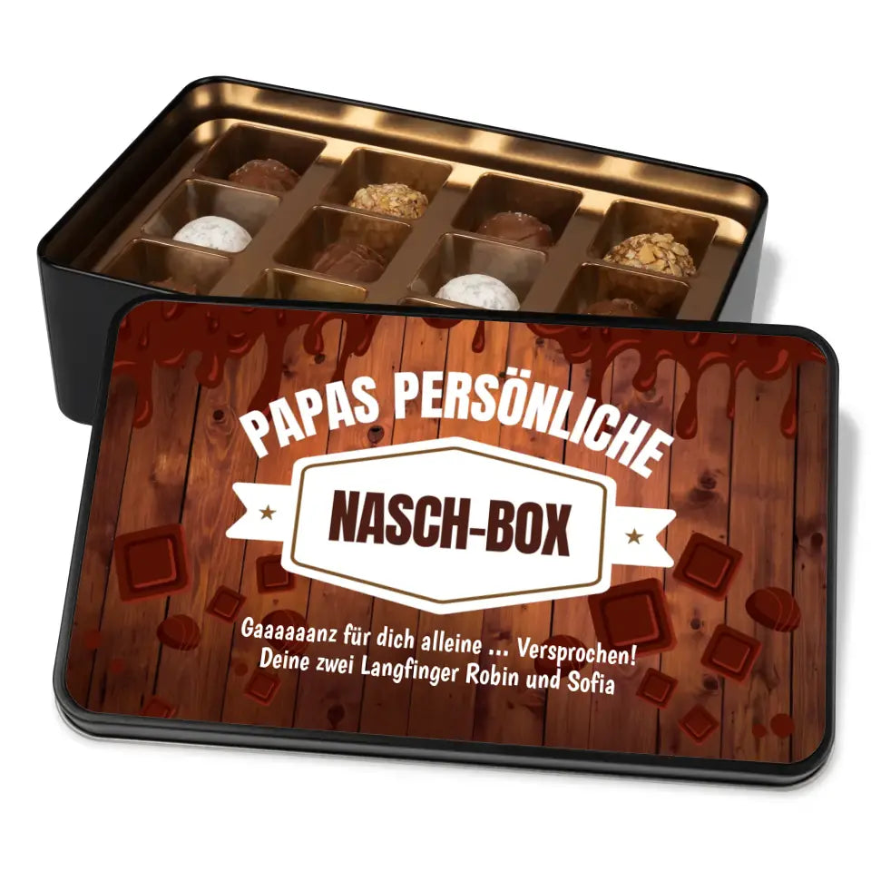 Geschenkdose mit Pralinen personalisiert mit Wunschtext „Papas persönliche Nasch-Box“