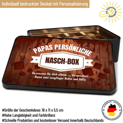 Geschenkdose mit Pralinen personalisiert mit Wunschtext „Papas persönliche Nasch-Box“