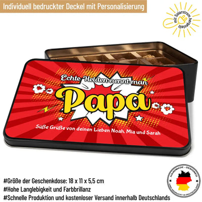 Geschenkdose mit Pralinen personalisiert mit Wunschtext „Echte Helden nennt man Papa (rot)“