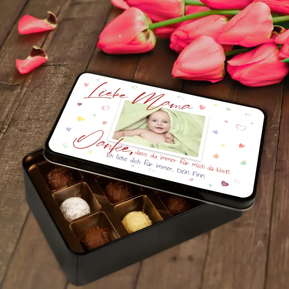 Geschenkdose mit Pralinen personalisiert mit Foto + Wunschtext „Liebe Mama“