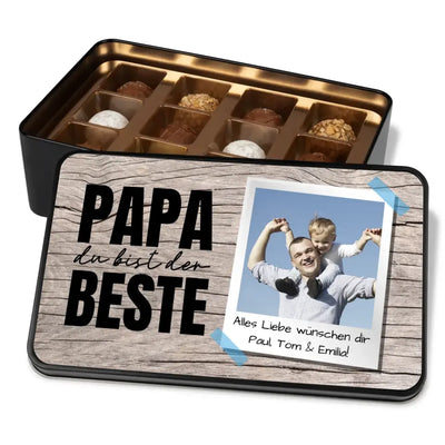 Geschenkdose mit Pralinen personalisiert mit Foto + Wunschtext „Papa du bist der Beste“