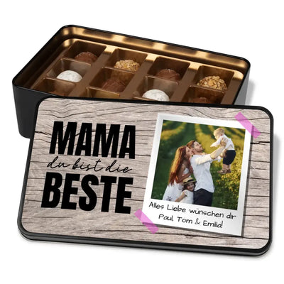 Geschenkdose mit Pralinen personalisiert mit Foto + Wunschtext „Mama du bist die Beste“