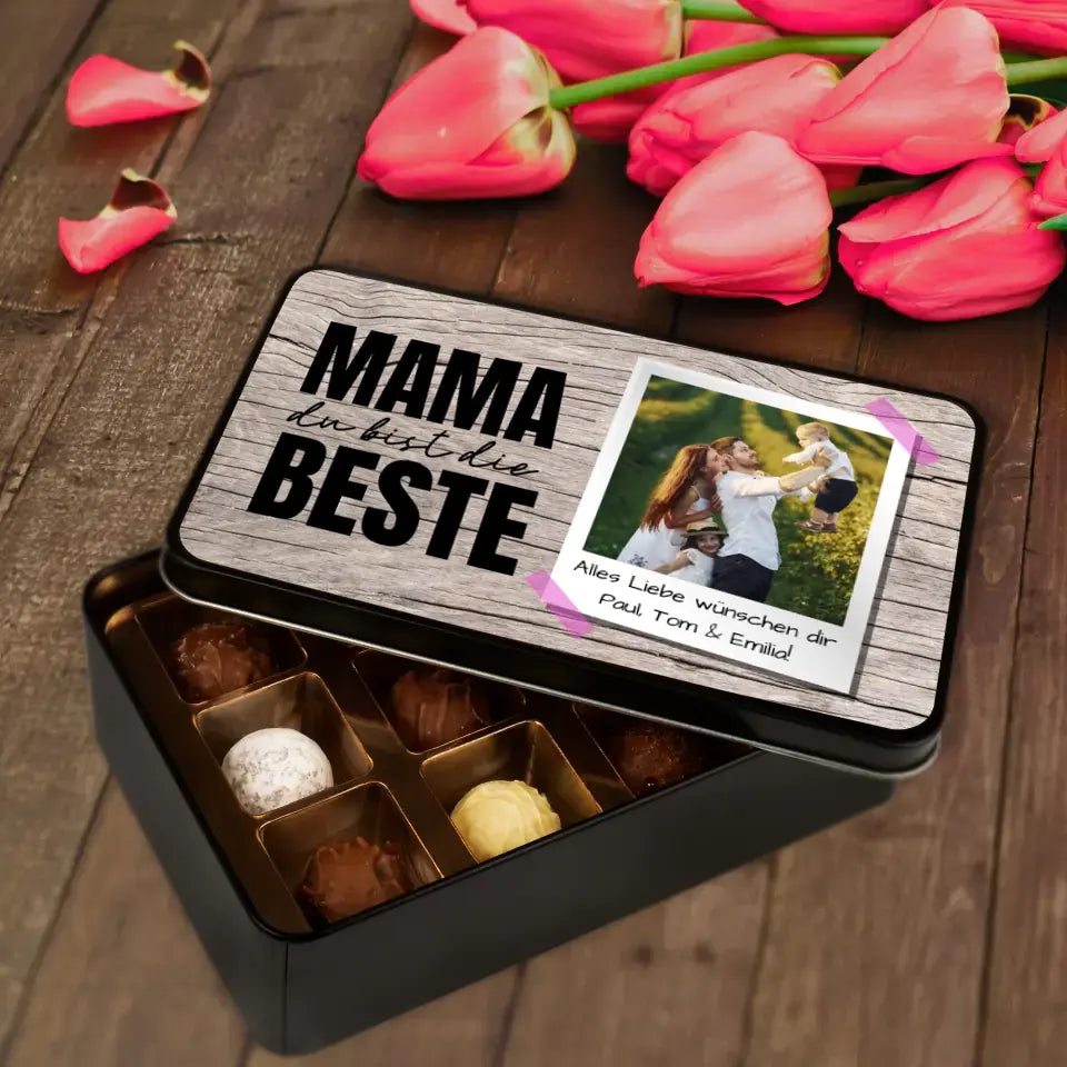 Geschenkdose mit Pralinen personalisiert mit Foto + Wunschtext „Mama du bist die Beste“