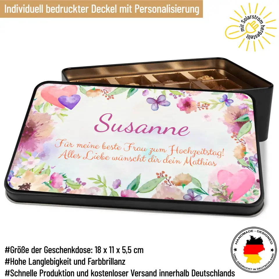 Geschenkdose mit Pralinen personalisiert mit Wunschtext „Blumen-Muster“
