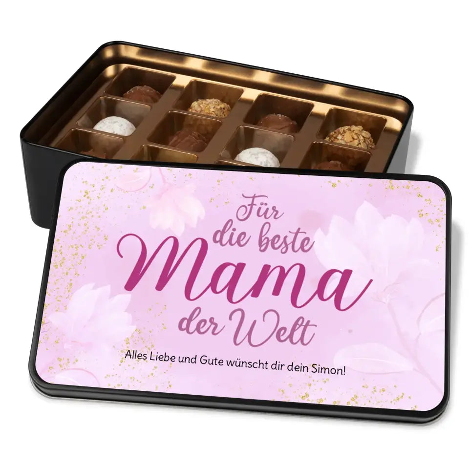 Geschenkdose mit Pralinen personalisiert mit Wunschtext „Für die beste Mama der Welt“