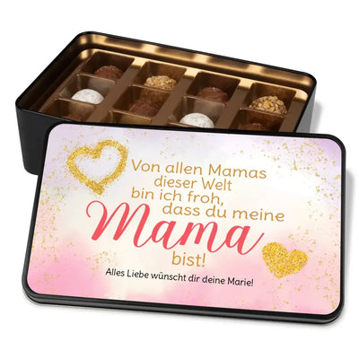 Geschenkdose mit Pralinen personalisiert mit Wunschtext „Von allen Mamas dieser Welt bin ich froh, dass du meine Mama bist!“