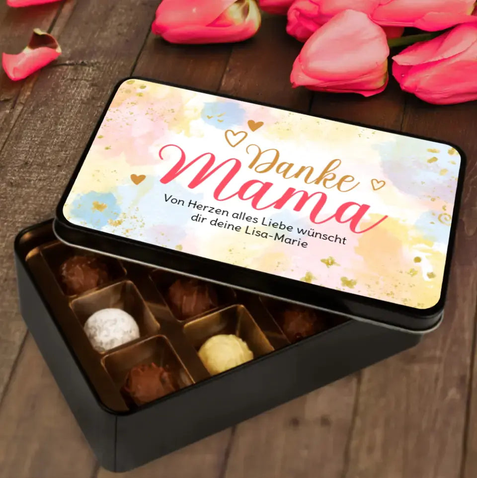 Geschenkdose mit Pralinen personalisiert mit Wunschtext „Danke Mama“