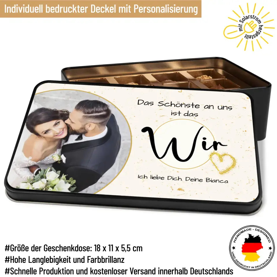 Geschenkdose mit Pralinen personalisiert mit Foto + Wunschtext „Das Schönste an uns ist das Wir“