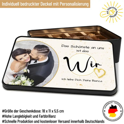 Geschenkdose mit Pralinen personalisiert mit Foto + Wunschtext „Das Schönste an uns ist das Wir“