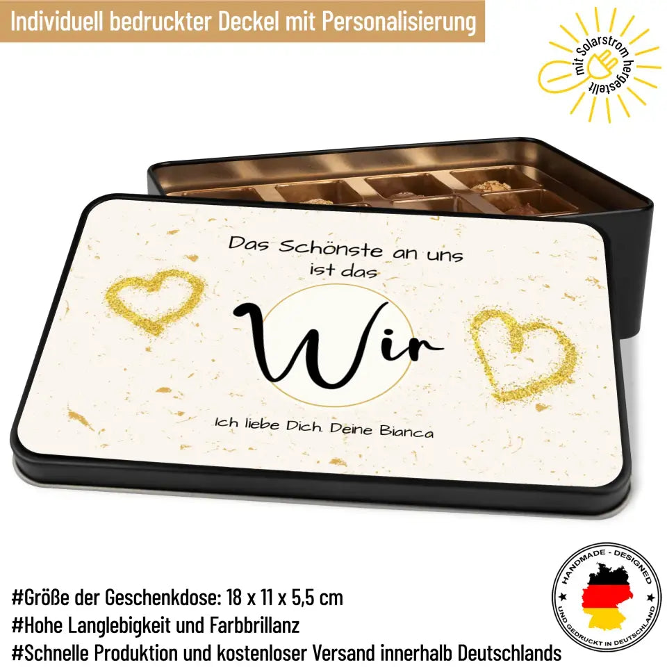 Geschenkdose mit Pralinen personalisiert mit Wunschtext „Das Schönste an uns ist das Wir“