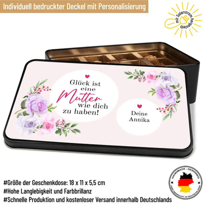 Geschenkdose mit Pralinen personalisiert mit Wunschtext „Glück ist eine Mutter wie dich zu haben“