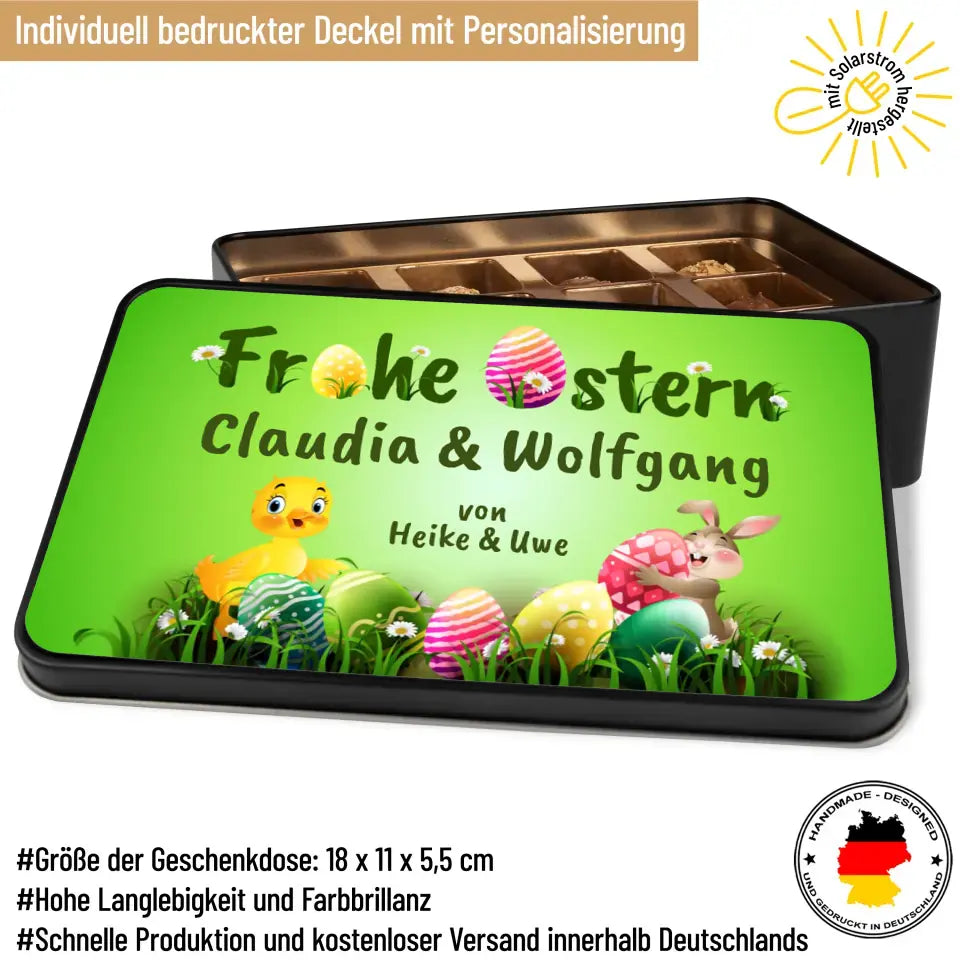 Geschenkdose mit Pralinen personalisiert mit Namen + Wunschtext „Frohe Ostern“ mit Osterküken & Osterhasen