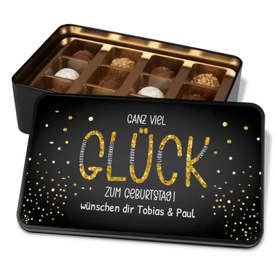 Geschenkdose mit Pralinen personalisiert mit Wunschtext „Ganz viel Glück zum Geburtstag“