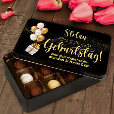 Geschenkdose mit Pralinen personalisiert mit Name + Wunschtext „Alles Gute zum Geburtstag“