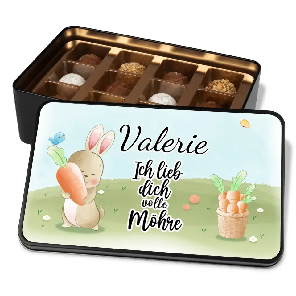 Geschenkdose mit Pralinen personalisiert mit Wunschnamen „Ich liebe dich volle Möhre“