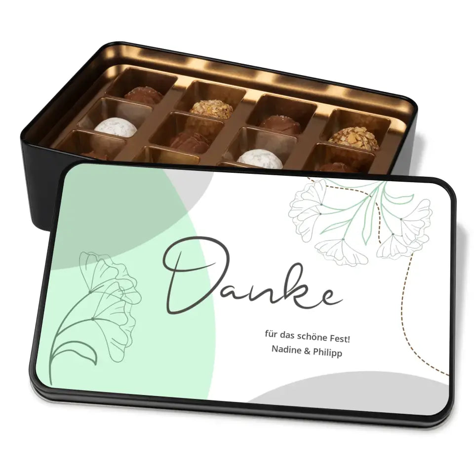 Geschenkdose mit Pralinen personalisiert mit Wunschtext „Danke“ mintgrün